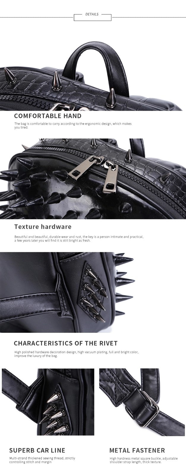 3D Hedgehog PU Leather Large Container Double-shoulder Rivet School Sports Notebook Bag Computer Backpack