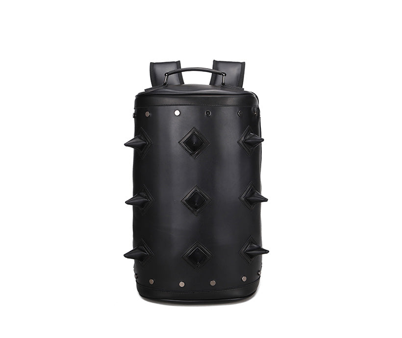 Water Proof PU Leather Punk 3D Men's Fashion Cylindrical Double-shoulder Rivet Sports Notebook Bag Computer Backpack