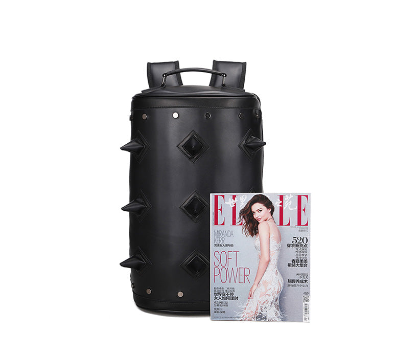 Water Proof PU Leather Punk 3D Men's Fashion Cylindrical Double-shoulder Rivet Sports Notebook Bag Computer Backpack