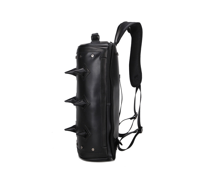 Water Proof PU Leather Punk 3D Men's Fashion Cylindrical Double-shoulder Rivet Sports Notebook Bag Computer Backpack