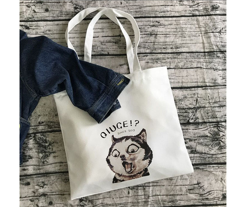 12 oz Poly Cotton Student Canvas White Colorful Dog Animal Print Shopping Tote Bag
