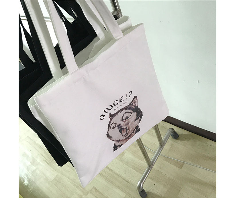 12 oz Poly Cotton Student Canvas White Colorful Dog Animal Print Shopping Tote Bag