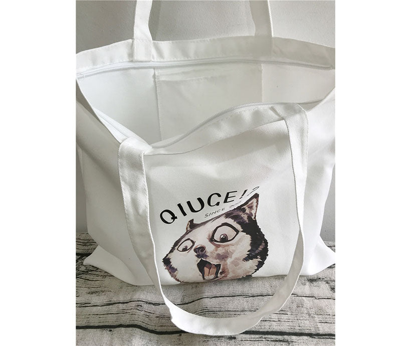 12 oz Poly Cotton Student Canvas White Colorful Dog Animal Print Shopping Tote Bag