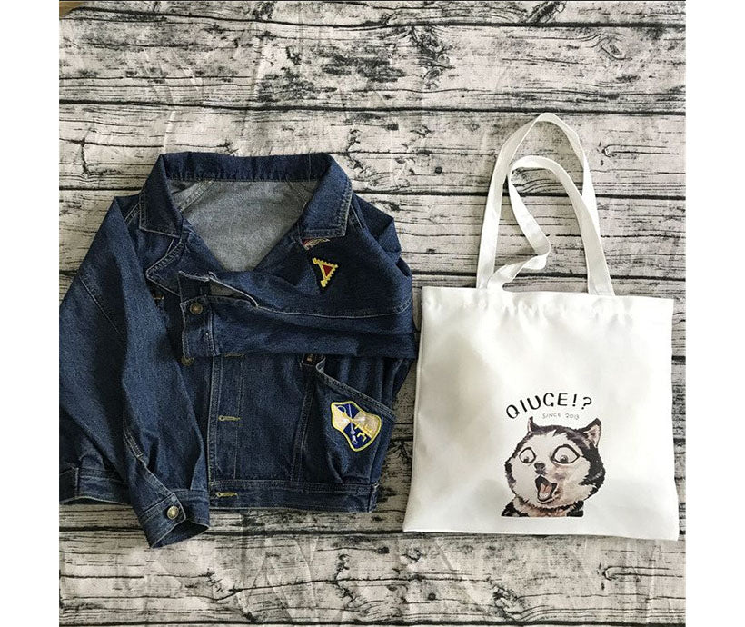 12 oz Poly Cotton Student Canvas White Colorful Dog Animal Print Shopping Tote Bag