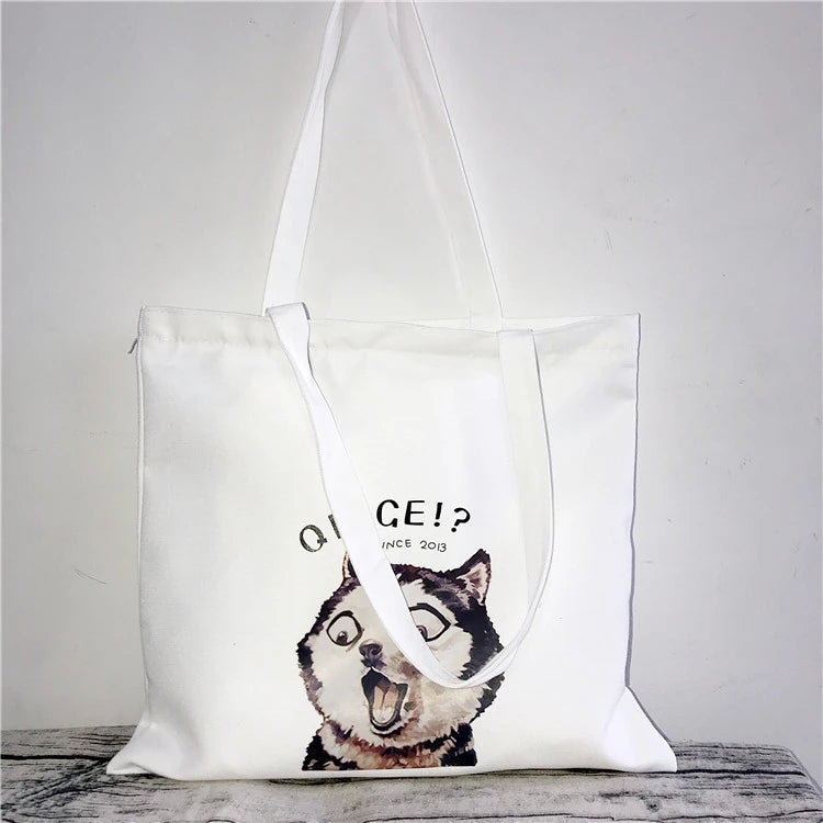 12 oz Poly Cotton Student Canvas White Colorful Dog Animal Print Shopping Tote Bag