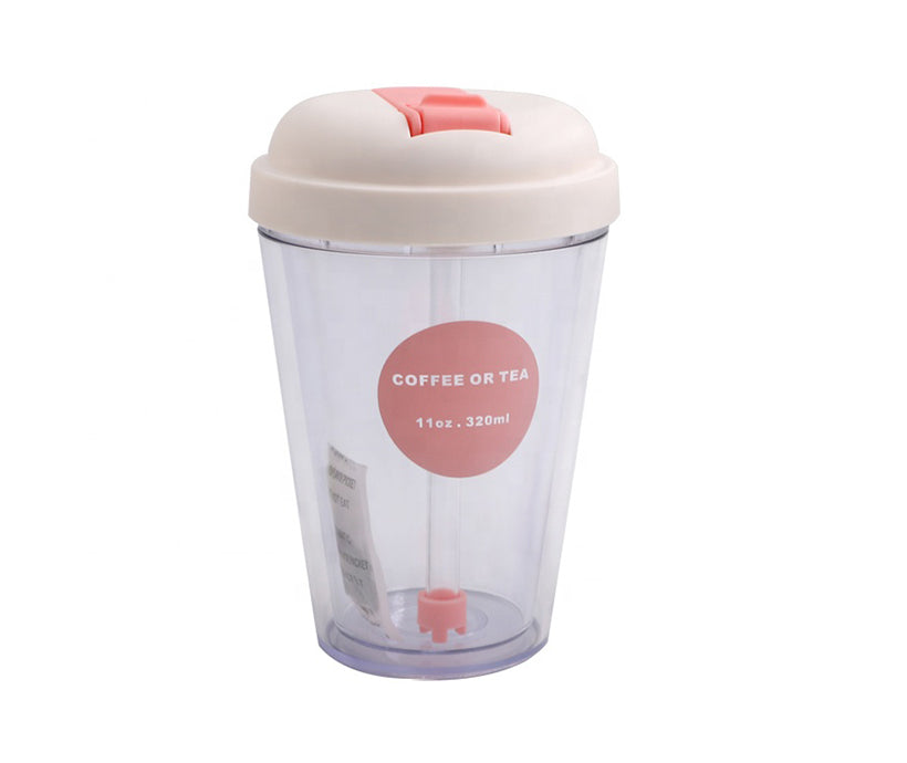 Double wall plastic tumbler cup with straw clear drink beverage cup coffee mug