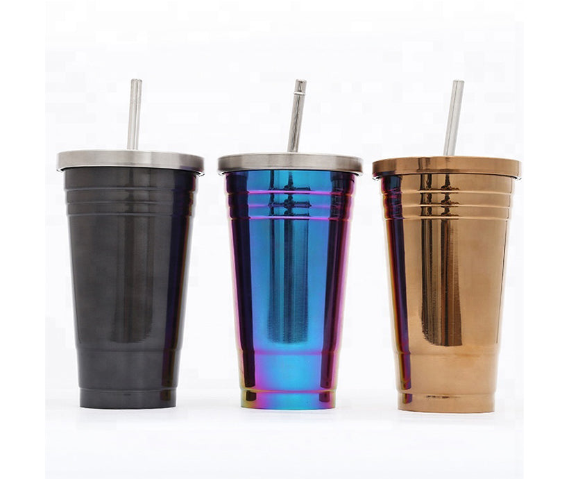 Custom Logo Simple Car Coffee Cup Water Mugs With Straw Stainless Steel Bottles