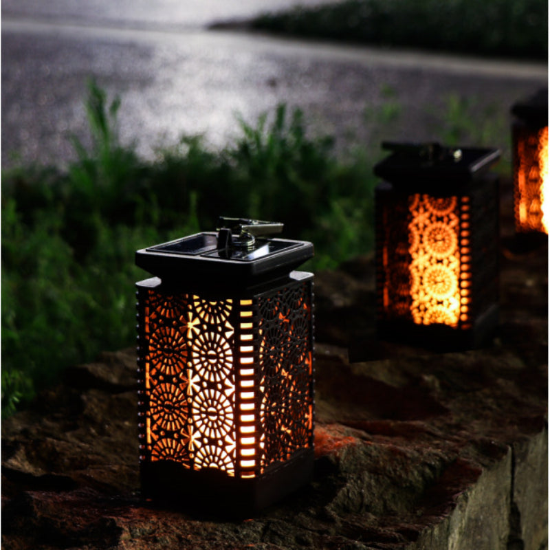 Outdoor Solar Square Flame Lamp Courtyard Retro Waterproof Flame Hanging Lamp for Garden Landscape Theme Park Use