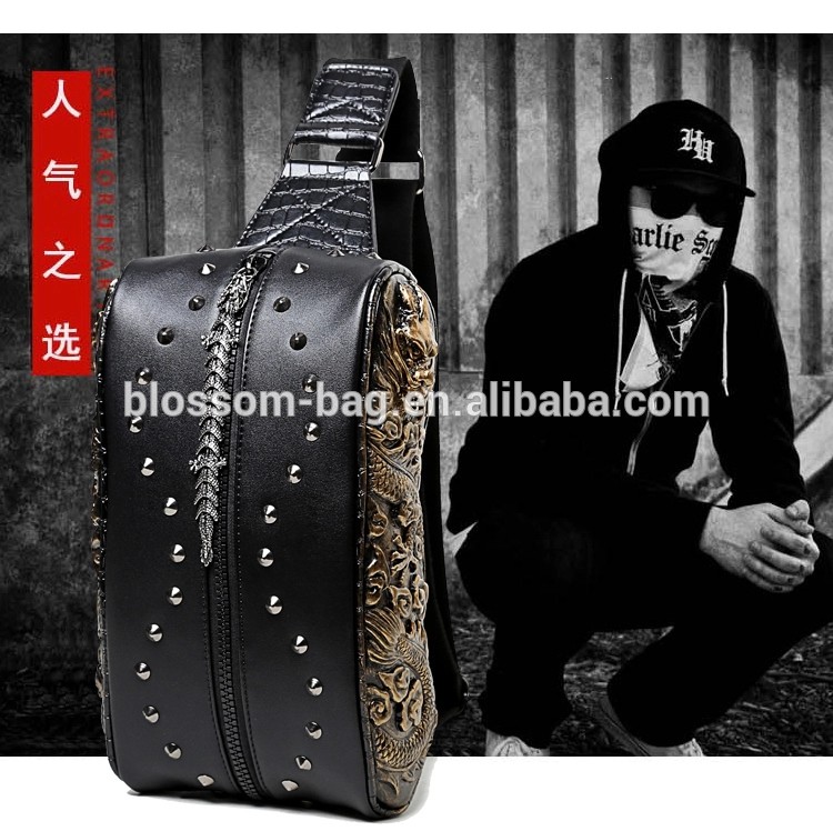 3D Single-shoulder Cross-waist Small Chest bag PU Double Dragon Men's Waist Rivet Fanny Sports Pack