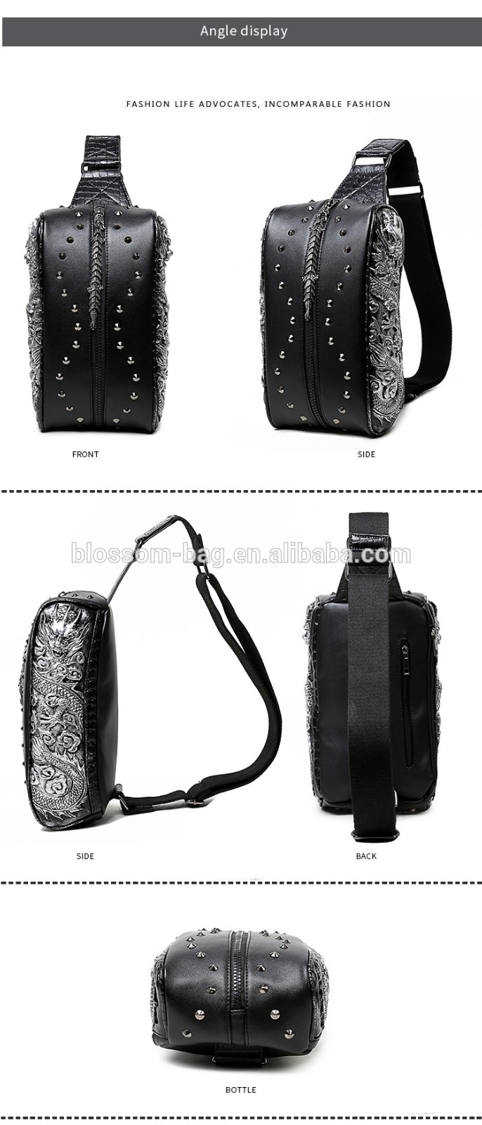 3D Single-shoulder Cross-waist Small Chest bag PU Double Dragon Men's Waist Rivet Fanny Sports Pack