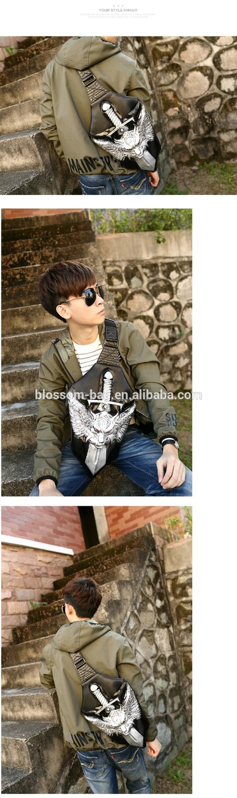 New Punk Style 3D Wolf Sports Leisure Korean Travel Pu Single-shoulder Male Personality Crossbody Breast Chest Messenger Bag