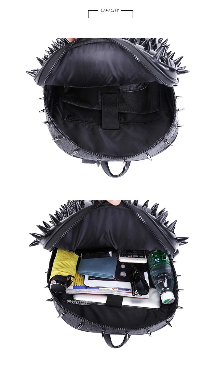3D Hedgehog PU Leather Large Container Double-shoulder Rivet School Sports Notebook Bag Computer Backpack
