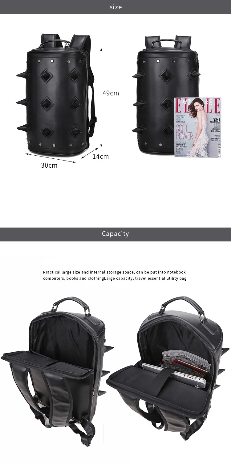 Water Proof PU Leather Punk 3D Men's Fashion Cylindrical Double-shoulder Rivet Sports Notebook Bag Computer Backpack