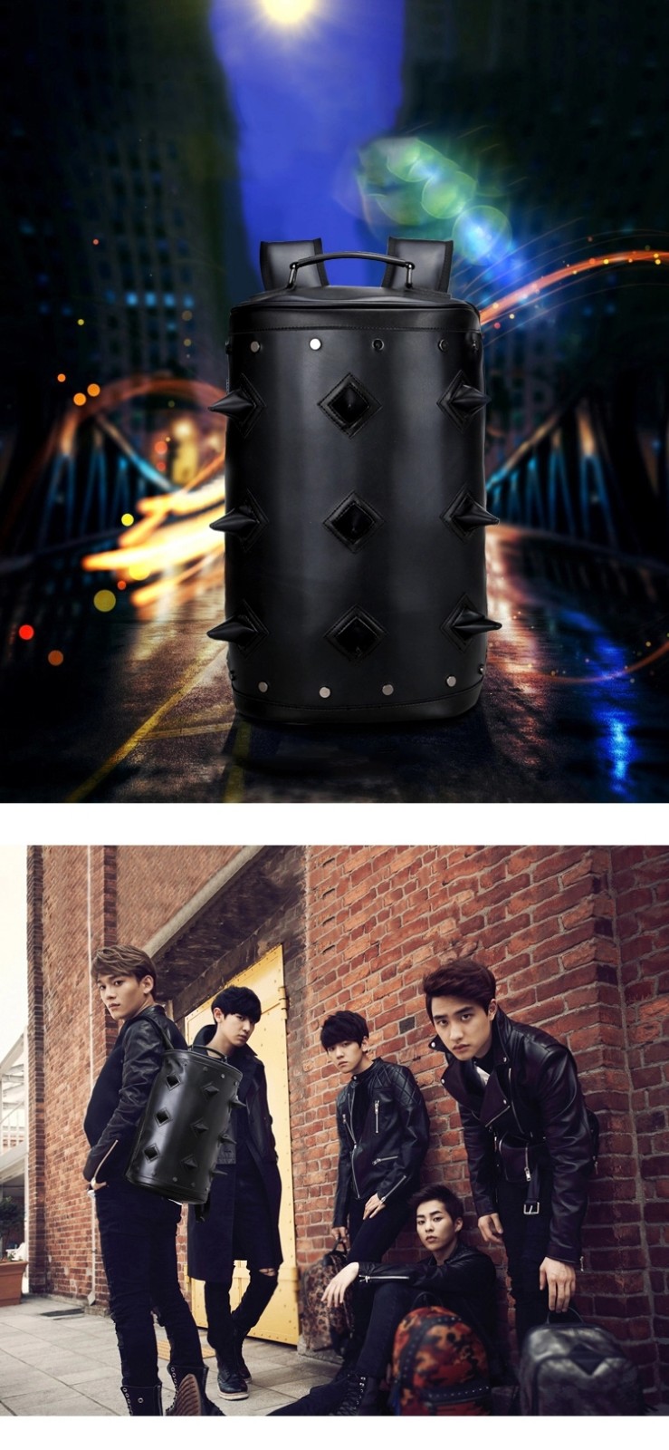 Water Proof PU Leather Punk 3D Men's Fashion Cylindrical Double-shoulder Rivet Sports Notebook Bag Computer Backpack