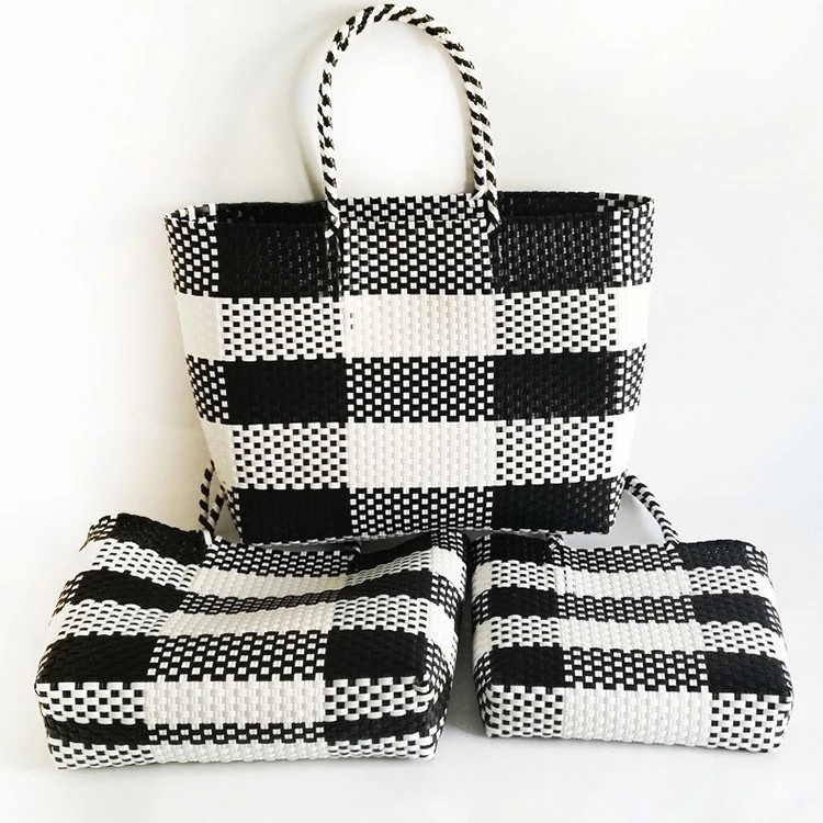 Durable Fashion Commuting Simple Black and White Plaid Square Large Capacity PP Woven Straw Woven Bag