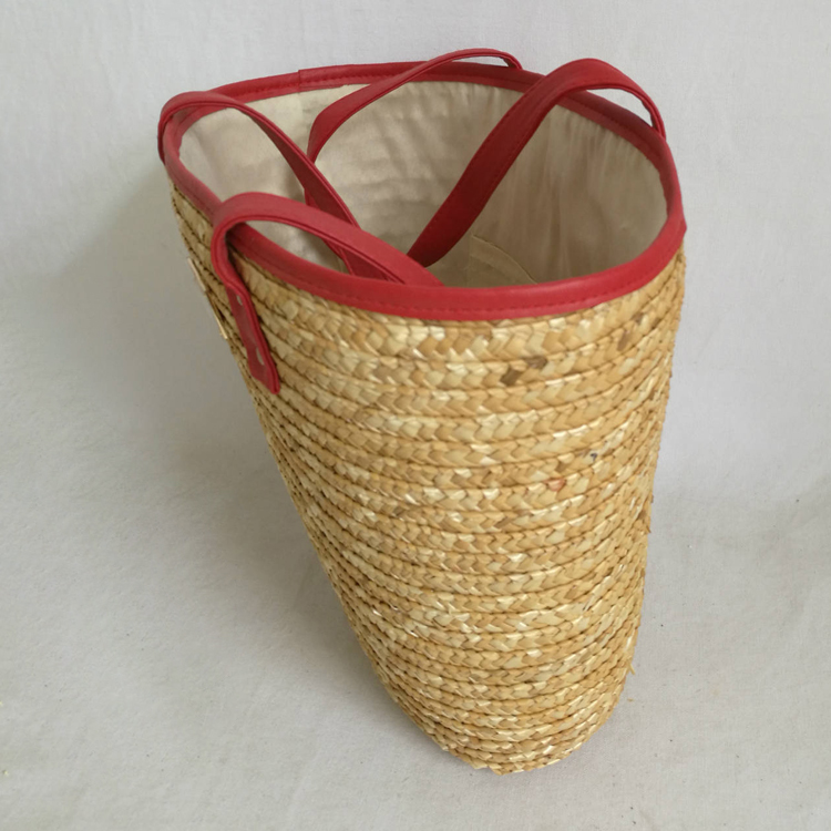 Trendy PU Leather Handle RRecycled Women Corn Husk Hand Woven Summer Bucket Beach Straw Bags