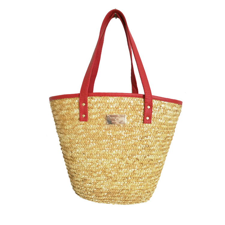 Trendy PU Leather Handle RRecycled Women Corn Husk Hand Woven Summer Bucket Beach Straw Bags