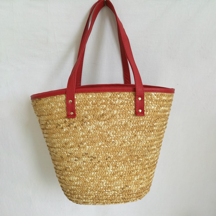 Trendy PU Leather Handle RRecycled Women Corn Husk Hand Woven Summer Bucket Beach Straw Bags