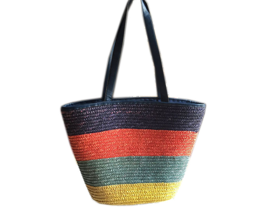 Colorful Stripes PU Leather Handle Recycled Women Hand Woven Summer Bucket Beach Straw Bags