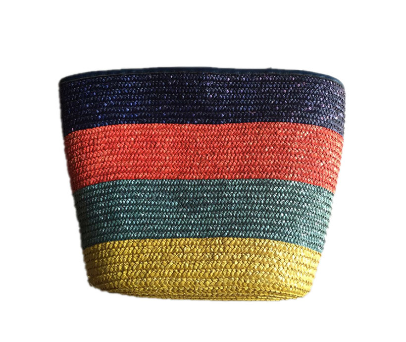 Colorful Stripes PU Leather Handle Recycled Women Hand Woven Summer Bucket Beach Straw Bags