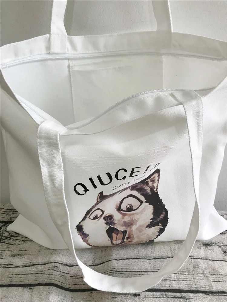 12 oz Poly Cotton Student Canvas White Colorful Dog Animal Print Shopping Tote Bag