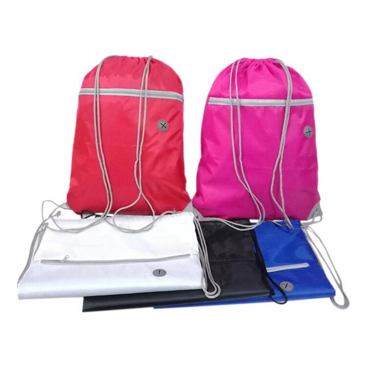 Promotional Logo Printed Eco Friendly Polyester Drawstring Sports Gym Bag with Zipper Pocket and Earphone Hole