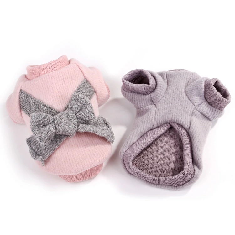 Soft Warm Pink Light Gray Dog Accessories Bow-knot Brushed cloth Coat Pet Clothes
