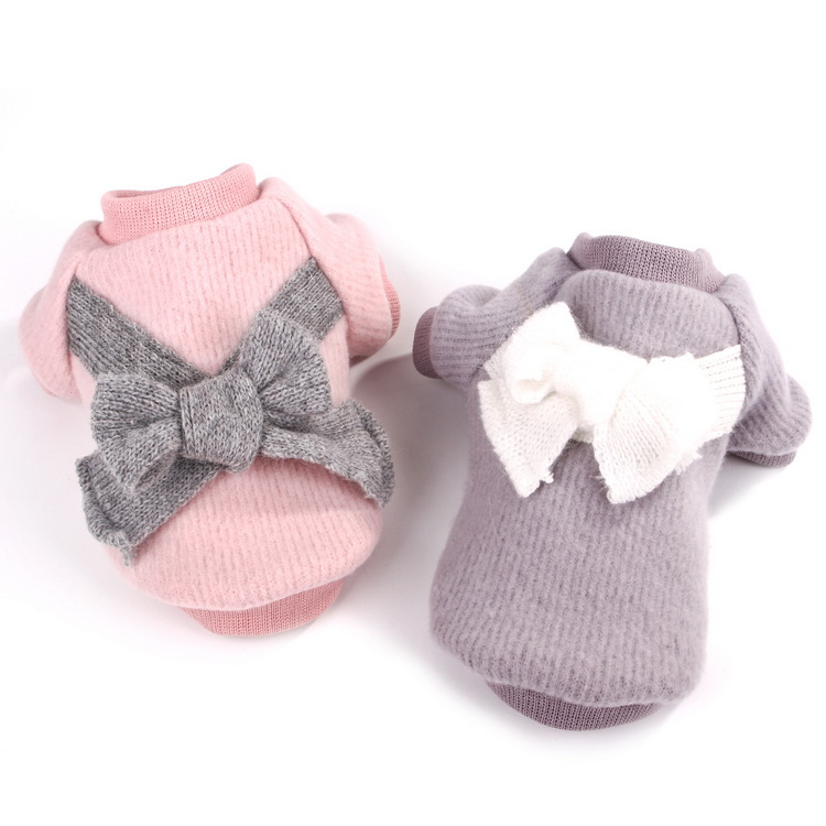 Soft Warm Pink Light Gray Dog Accessories Bow-knot Brushed cloth Coat Pet Clothes