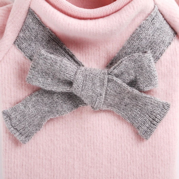 Soft Warm Pink Light Gray Dog Accessories Bow-knot Brushed cloth Coat Pet Clothes
