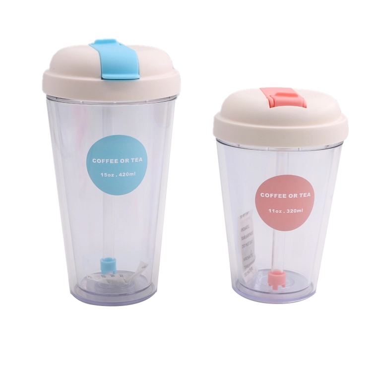 Double wall plastic tumbler cup with straw clear drink beverage cup coffee mug