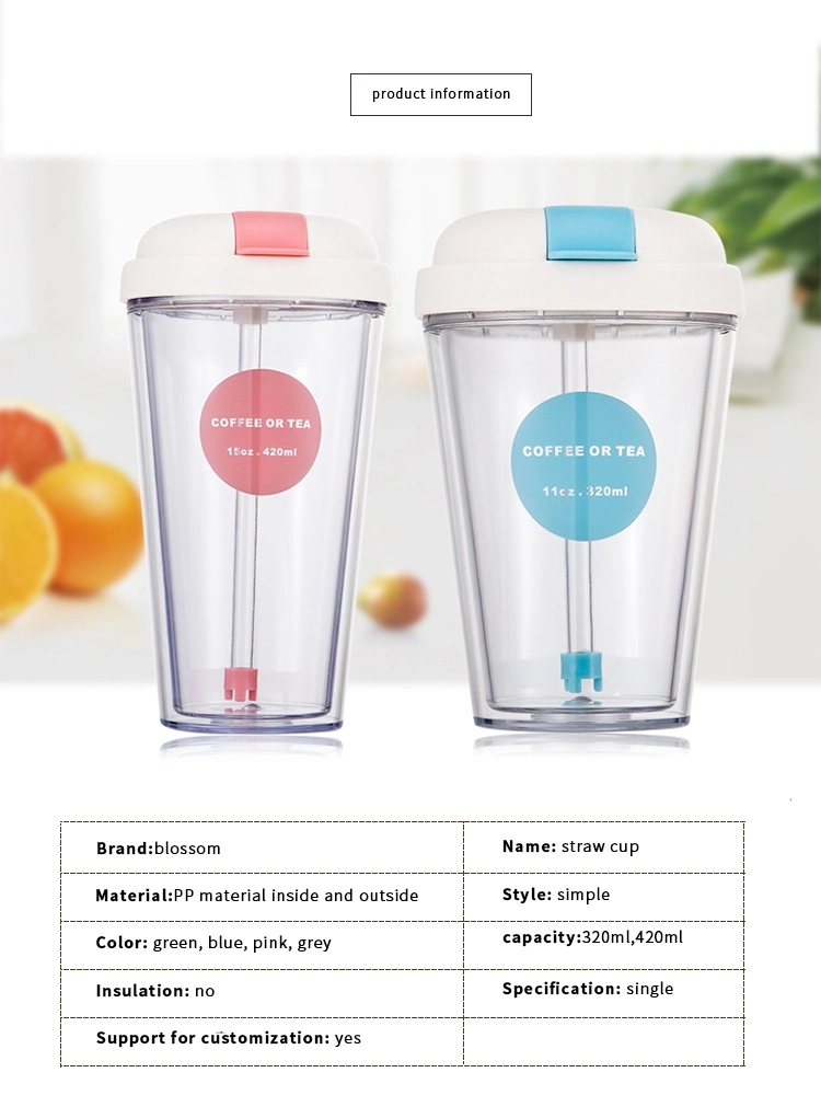 Double wall plastic tumbler cup with straw clear drink beverage cup coffee mug