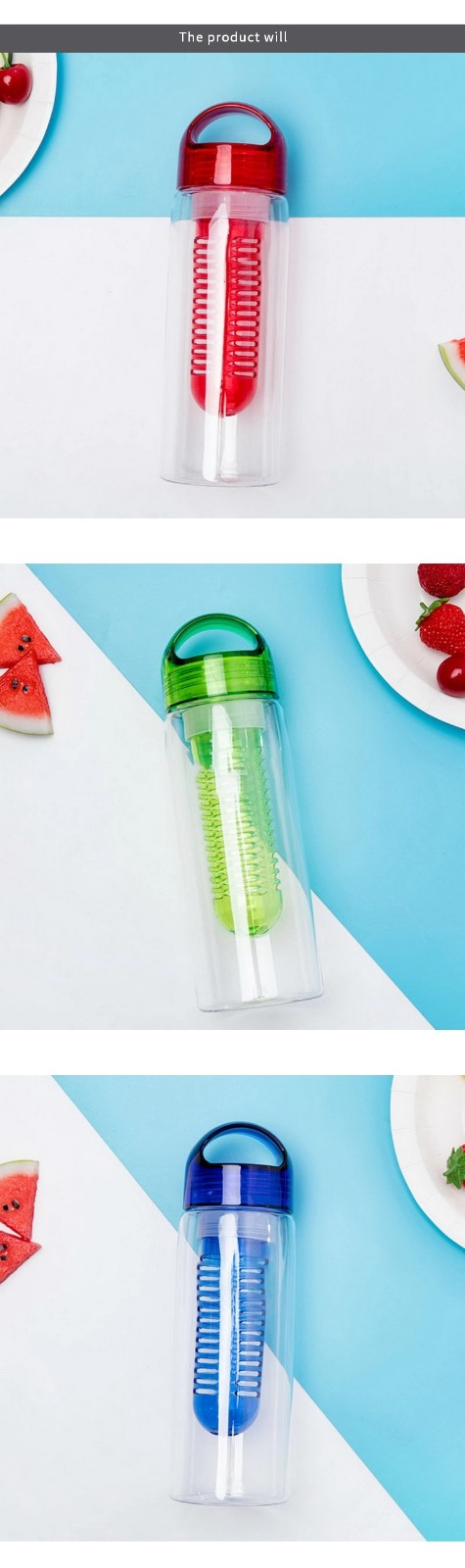 Plastic portable travel tumbler with fruit bar with lid for kids