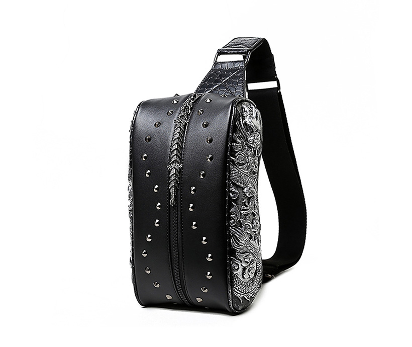 3D Single-shoulder Cross-waist Small Chest bag PU Double Dragon Men's Waist Rivet Fanny Sports Pack