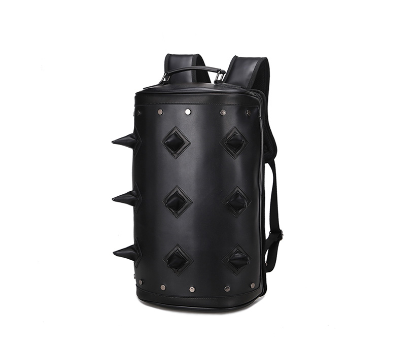 Water Proof PU Leather Punk 3D Men's Fashion Cylindrical Double-shoulder Rivet Sports Notebook Bag Computer Backpack