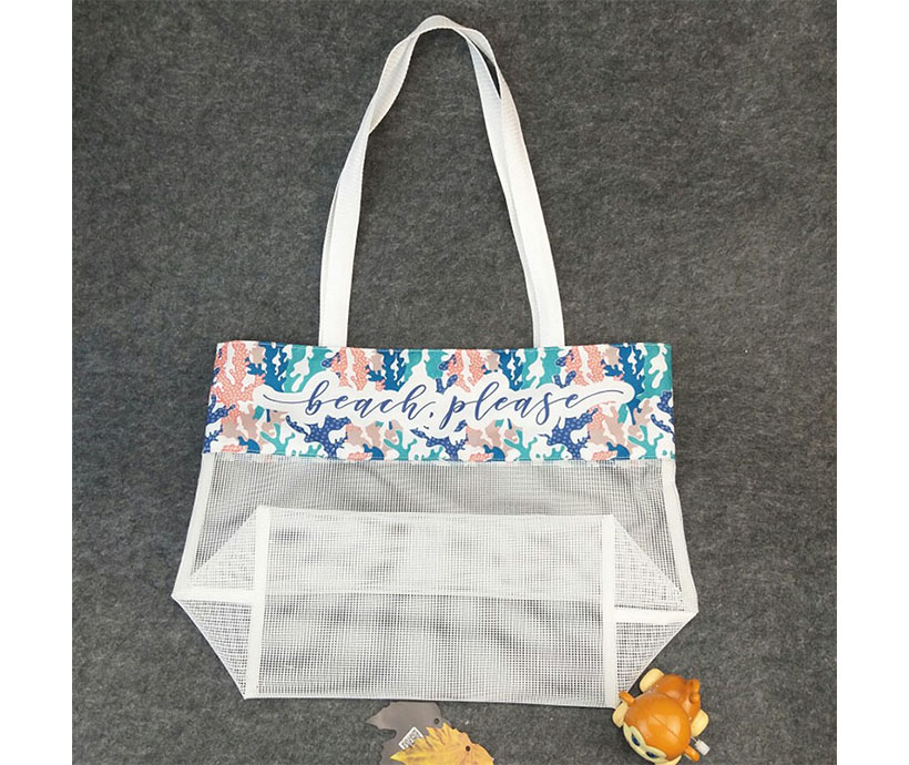 Wholesale Polyester Digital Printing Travelling Women Kids Summer Beach Mesh Tote Sand Away Beach Bag