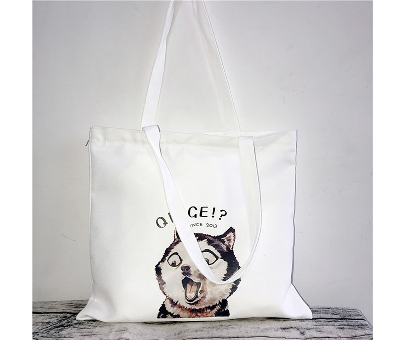 12 oz Poly Cotton Student Canvas White Colorful Dog Animal Print Shopping Tote Bag