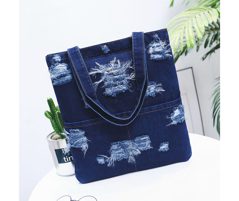 Personality Jeans Canvas Large Capacity Double Pocket Wome Shopping Shoulder Bag
