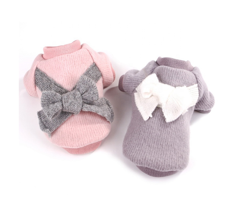 Soft Warm Pink Light Gray Dog Accessories Bow-knot Brushed cloth Coat Pet Clothes